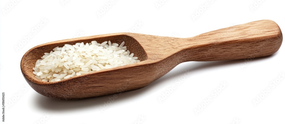 Poster Wooden scoop filled with rice on a white background. with copy space image. Place for adding text or design