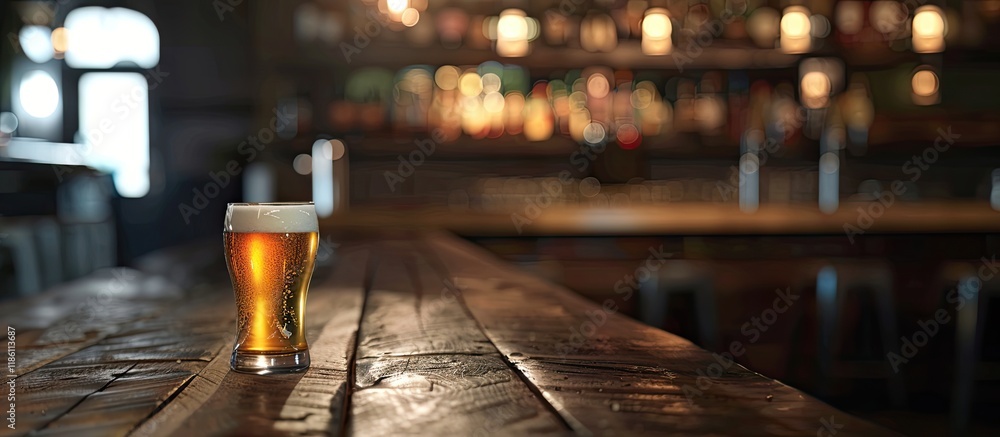 Poster deliberately blurred image of a beer glass on a wooden pub table. with copy space image. place for a