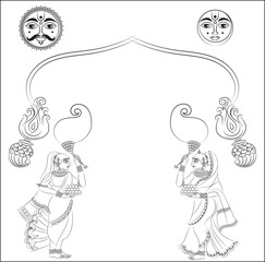 Lord's Gopika, Sevika, or lady servants have been drawn in Indian folk art in Kalamkari style. for textile printing, logo, wallpaper	
