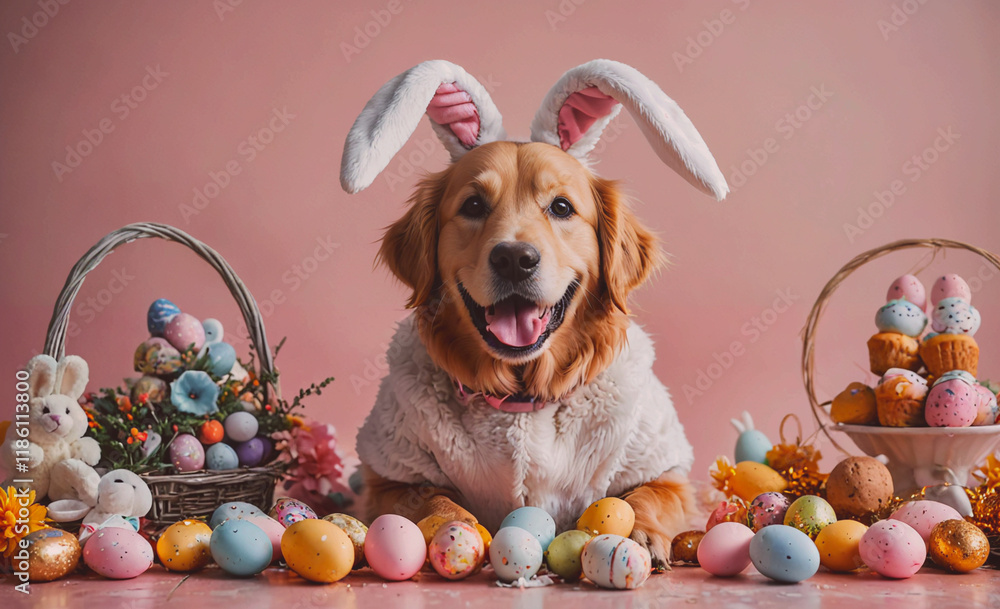 Poster cute dog is wearing bunny ears and is laying on a table with a basket full of easter eggs. the eggs 