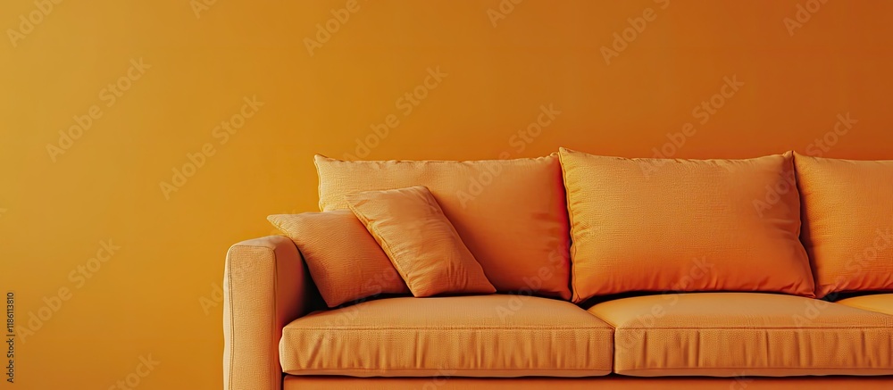 Poster Mockup page branding on an orange fabric sofa stationery collection. with copy space image. Place for adding text or design