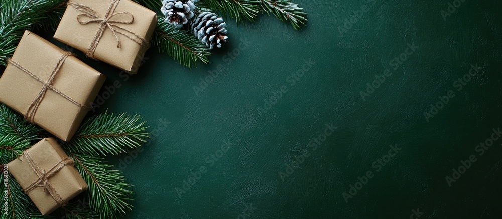 Aufkleber Xmas fir tree branch Christmas gift boxes and a space for greeting text Flat lay. with copy space image. Place for adding text or design