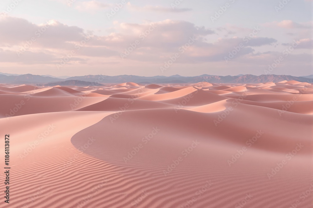 Poster expansive view of pink sand dunes with soft shadows, under a pastel sky with scattered clouds. mount