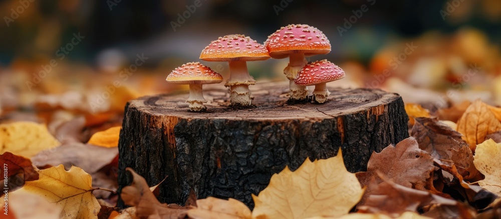 Leinwandbilder autumn theme small mushrooms among brown leaves by a tree stump. with copy space image. place for ad