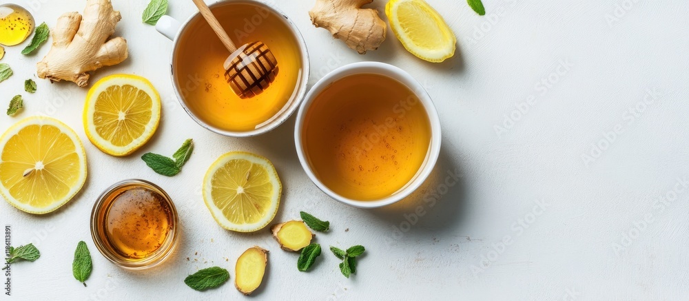 Poster cup of tea with ginger honey and lemon on a white background. with copy space image. place for addin