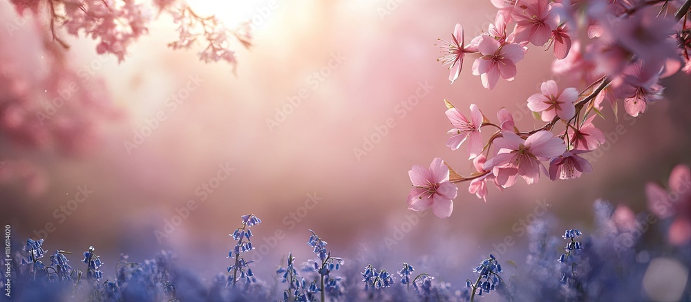 Poster beautiful romantic backdrop featuring pink cherry blossoms and bluebells. with copy space image. pla