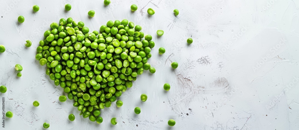 Poster top view of fresh green peas heart shaped green peas set against a white background room to write te