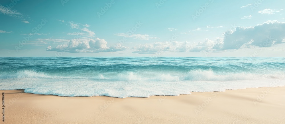 Poster stunning sunny beach shoreline with a panoramic tranquility bay vacation backdrop. with copy space i