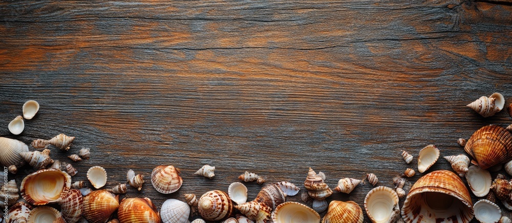 Poster Seashells surround wood Oceanic backdrop. with copy space image. Place for adding text or design