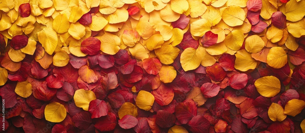 Leinwandbilder Autumn tree foliage Natural background in autumn featuring yellow and red linden leaves golden panorama banner. with copy space image. Place for adding text or design