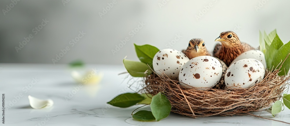 Aufkleber bird nest containing easter eggs on a white background quail easter eggs accompanied by spring green