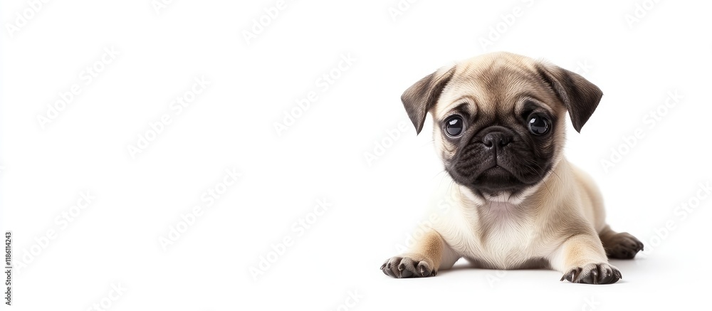 Aufkleber Pug puppy alone on a white background The idea of joyful dogs With room for text. with copy space image. Place for adding text or design