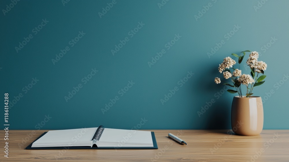 Poster open notebook inviting to write on wooden desk with pen and dried flowers