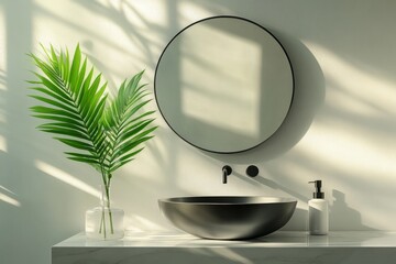 Fototapeta premium Modern bathroom with round mirror and minimal decor