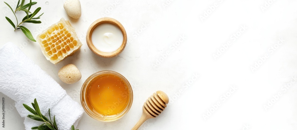 Fototapete Honey spa set featuring natural honey soap cream towel and pumice stone on a white background with space for text from a top view. with copy space image. Place for adding text or design
