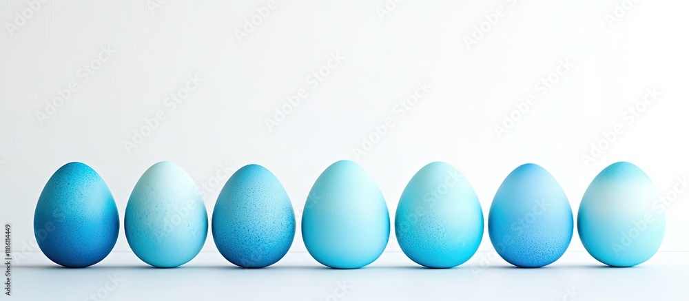 Poster a row of ombre blue easter eggs set against a white background. with copy space image. place for add