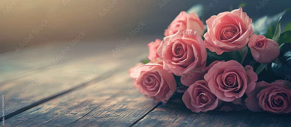 Poster Blurred pink rose bouquet on a wooden background with copy space Valentine s theme Soft focus Technical Writing Property artificial light