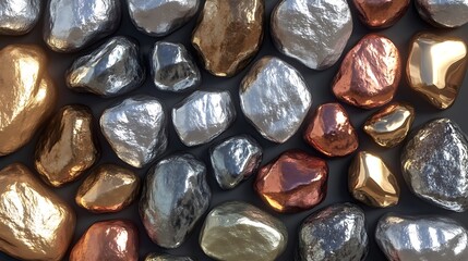 A collection of short rocks with shimmering metallic surfaces arranged in an abstract formation 