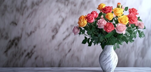 A beautifully arranged vase of multicolored roses on a marble surface 