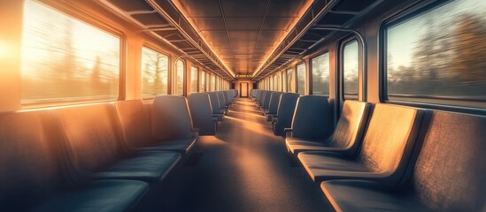 An empty train carriage with copy space during a morning journey
