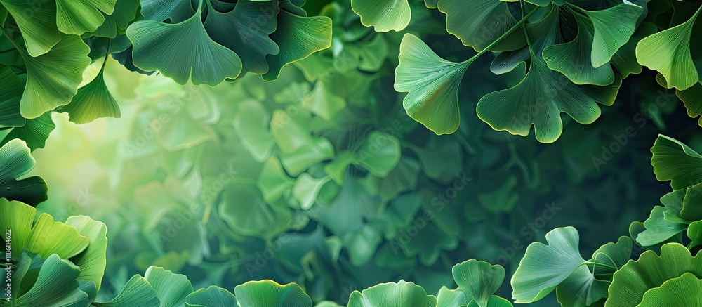 Poster green ginkgo leaves in late spring. with copy space image. place for adding text or design