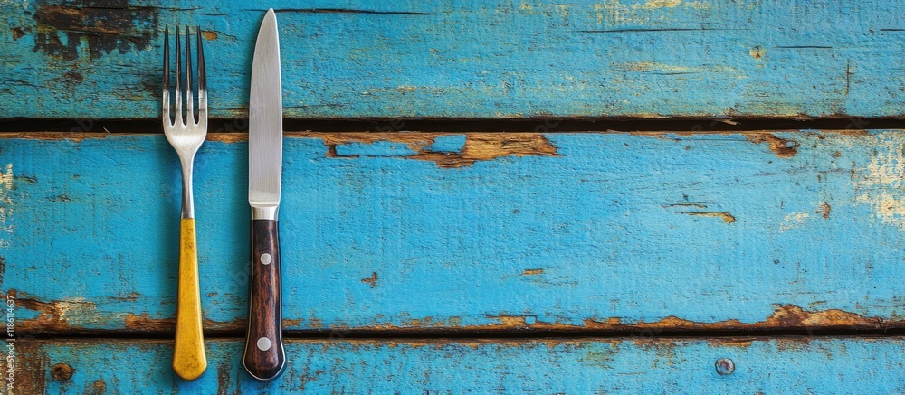 Aufkleber Cupronickel knife and fork on a vibrant wooden surface. with copy space image. Place for adding text or design