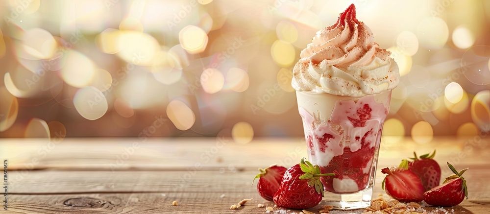 Poster Strawberry sundae ice cream topped with whipped cream in a glass on a wooden table accompanied by a bokeh background and copyspace