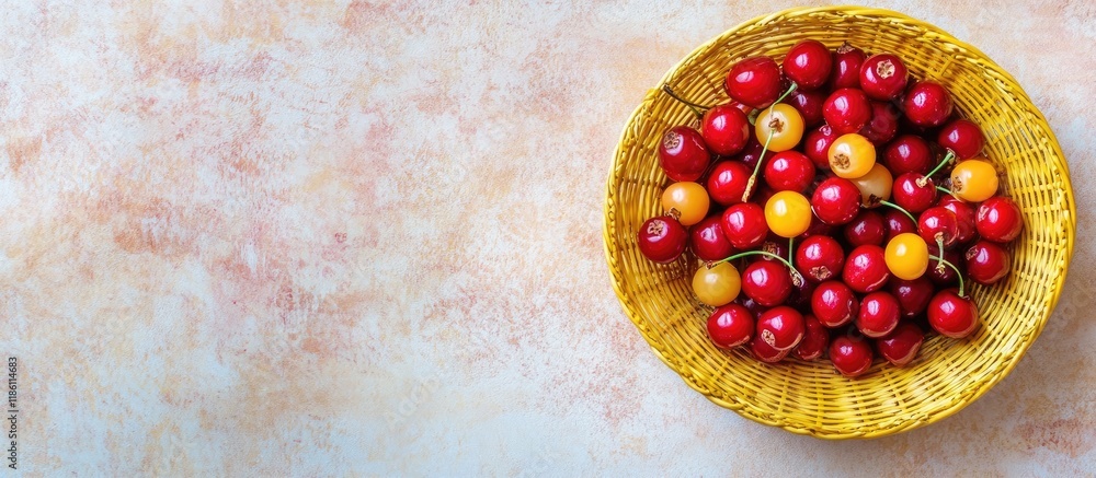 Leinwandbilder top view of red and yellow cherry berries in a yellow basket on a light textured backdrop with copy 