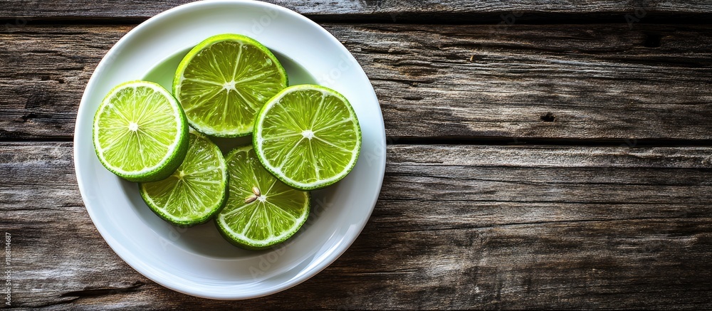 Aufkleber fresh lime close up of sliced limes on a white plate wooden table copy space