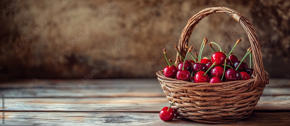 Poster Basket of cherries on a wooden table Copyspace