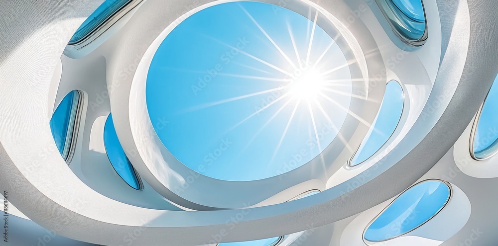 Poster a depiction of an architectural design where a twisting concrete structure is lit by the sun during 
