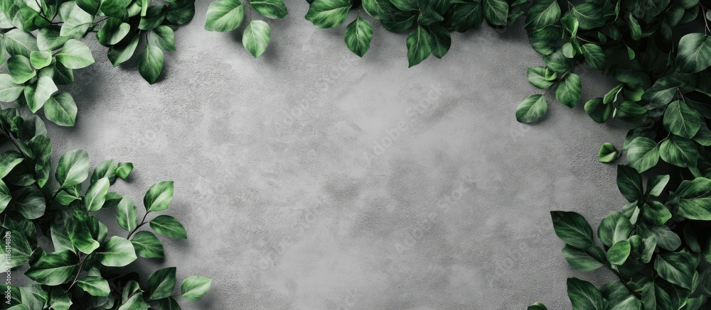 Poster Top view of green leaves on a gray background with copy space poster