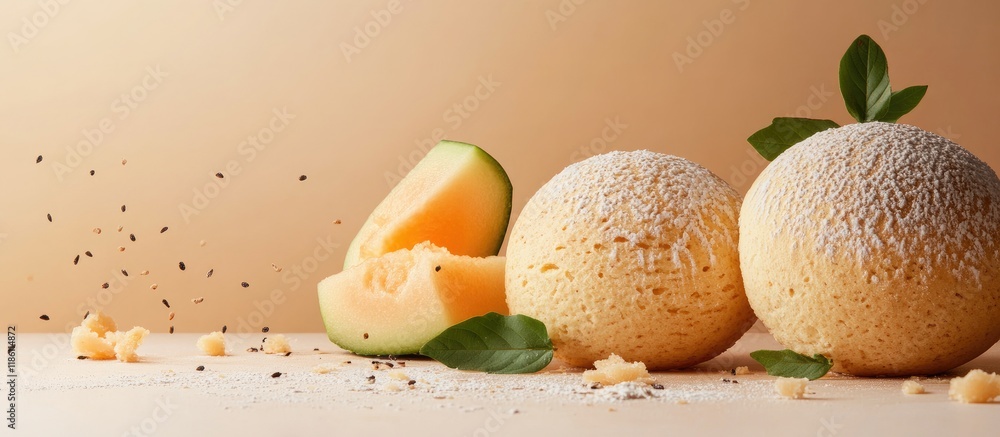 Poster japanese bread melonpan melon cookie mixture. with copy space image. place for adding text or design
