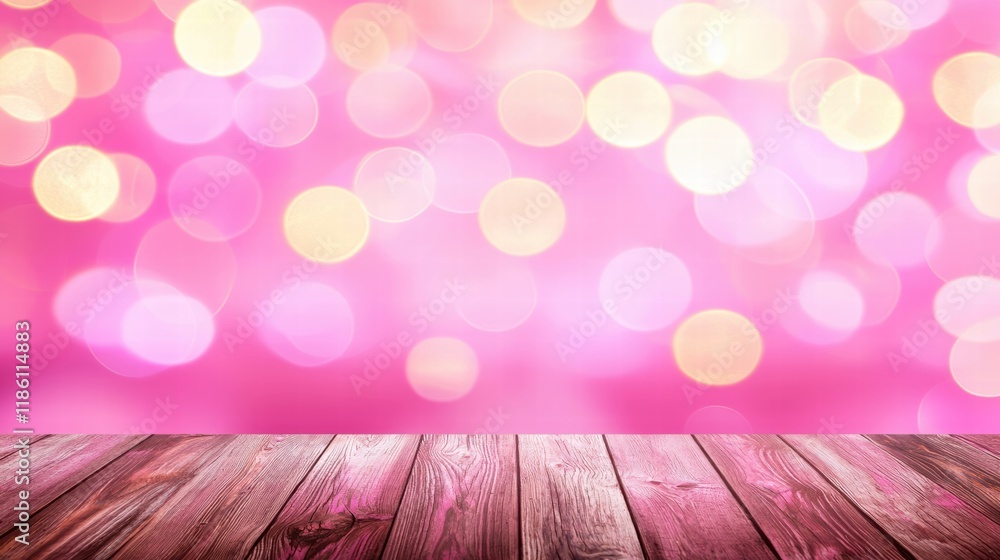 Poster rustic wooden surface with blurred pink bokeh background for photography and design projects