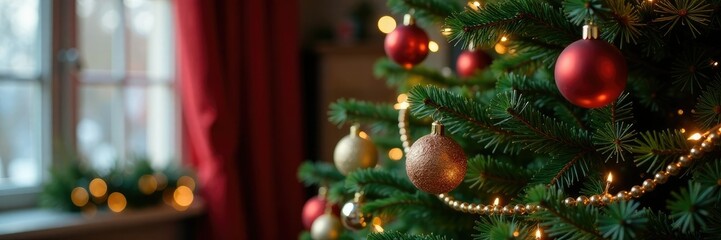 Obraz premium Colorful ornaments and garlands draped over a stunning Christmas tree, season, Christmas decoration