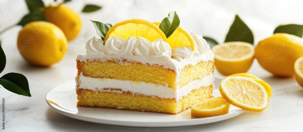 Poster Elegant Lemon Cake topped with Cream and Caramelized Lemon Slices against a White Background A stylish dessert for holiday celebrations. with copy space image. Place for adding text or design
