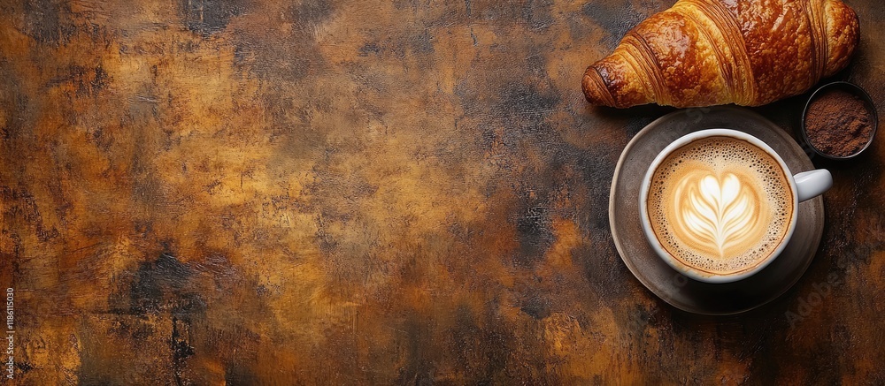 Poster cup of coffee and freshly baked croissant on a rustic kitchen table top view with copyspace for your