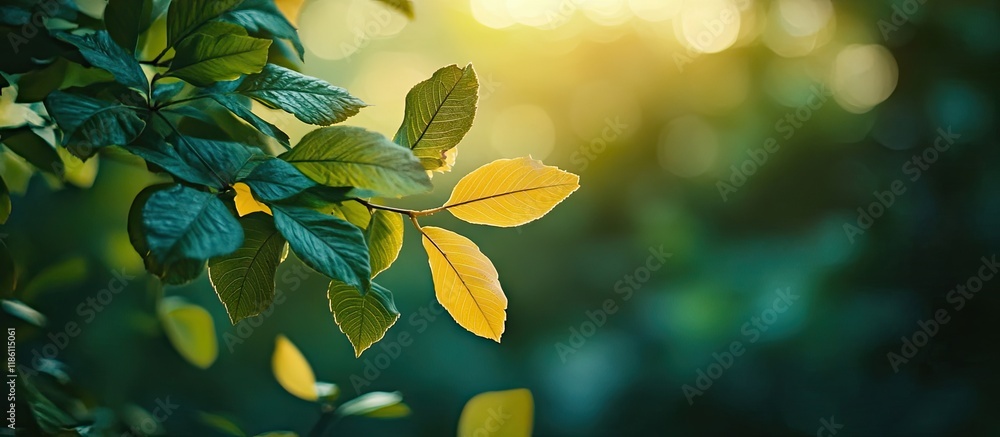 Fototapete Green and yellow leaves in the forest. with copy space image. Place for adding text or design