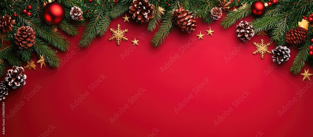 Aufkleber On a red background at the top of the frame there are fir branches featuring cones Christmas ornaments snowflakes and stars This is a Christmas backdrop providing space for text viewed from above