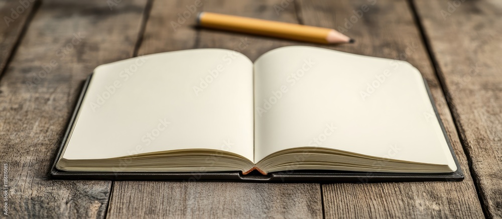 Aufkleber Open notebook with a blank page and a pencil on a wooden floor in the background. with copy space image. Place for adding text or design