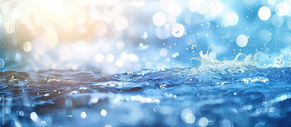 Aufkleber Defocused blurred transparent blue calm water surface texture featuring splashes and bubbles Stylish abstract nature background Sunlit water waves with copy space Glimmering blue watercolor