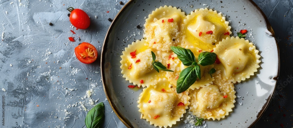 Aufkleber Tasty cheese ravioli with risotto prepared and ready to enjoy. with copy space image. Place for adding text or design