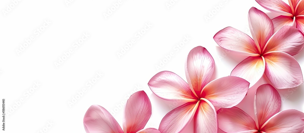 Poster plumeria flowers set against a white background. with copy space image. place for adding text or des