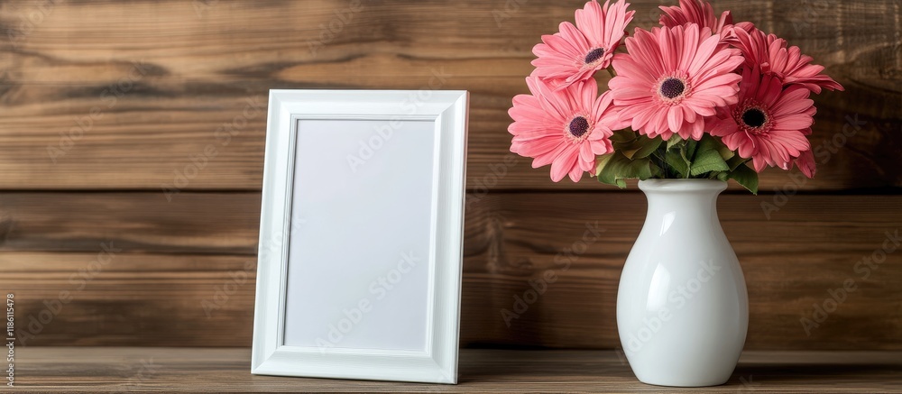 Aufkleber Flower vase and white photo frame on a wooden table for a family theme. with copy space image. Place for adding text or design