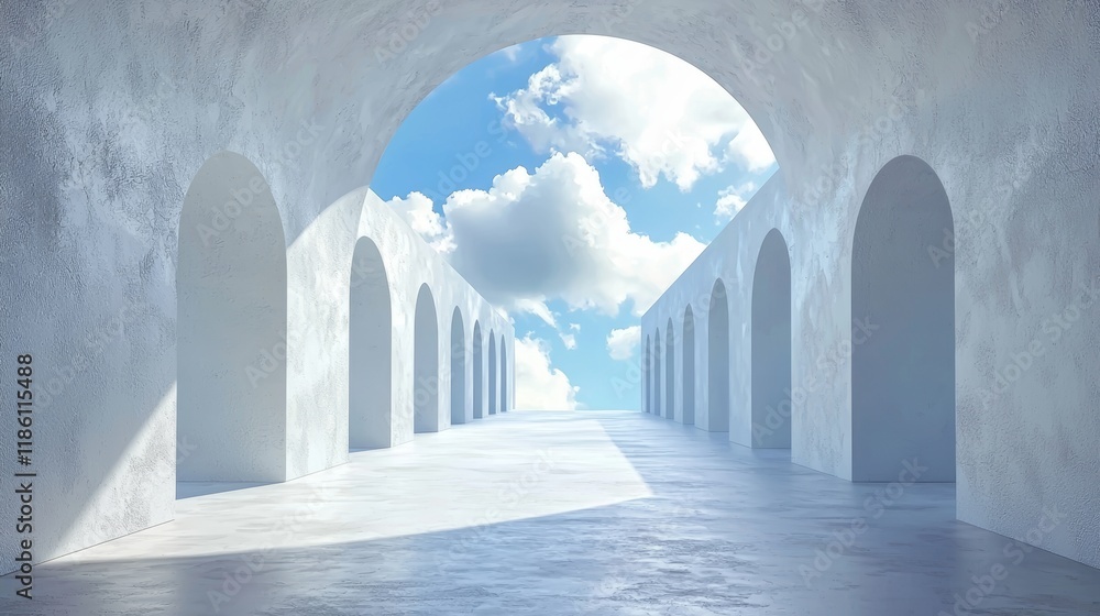Poster a futuristic architecture piece rendered in 3d, featuring an abstract curve structure over an empty 