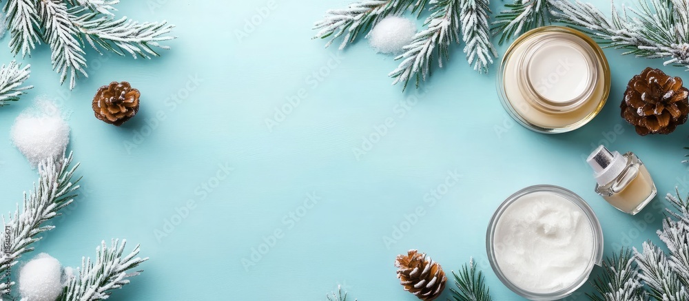 Poster Winter care cosmetics on a colored backdrop space for text insertion minimalistic design Skin care skin hydration. with copy space image. Place for adding text or design