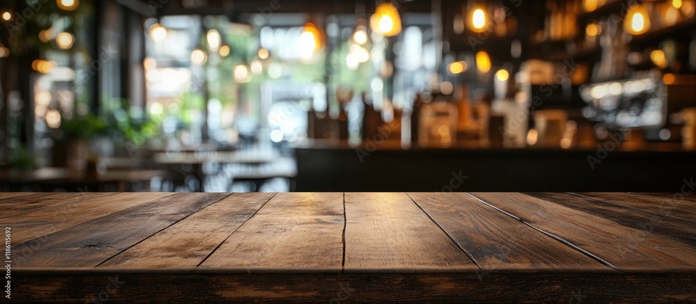 Poster Selected focus on an empty brown wooden table with a blurred coffee shop background featuring bokeh ideal for product display montage. with copy space image. Place for adding text or design