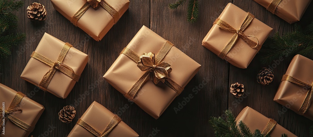 Aufkleber flat lay background of wrapped holiday gifts. with copy space image. place for adding text or design