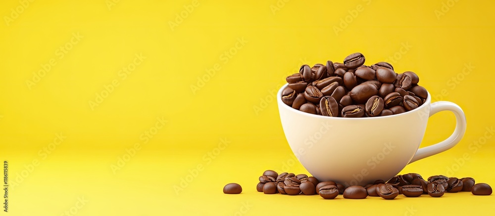 Aufkleber a cup filled with coffee beans and chocolate candies set against a yellow background. with copy spac