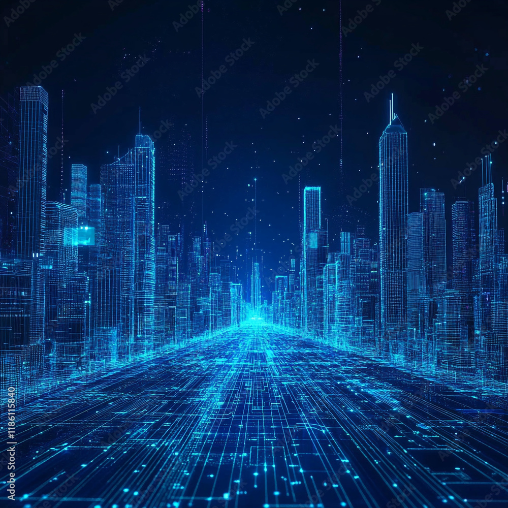 Aufkleber modern cityscape with futuristic digital architecture and glowing data elements